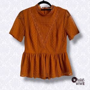 Sandy & Sid Women's Small Texas Orange Lace Peplum Blouse Mockneck Top